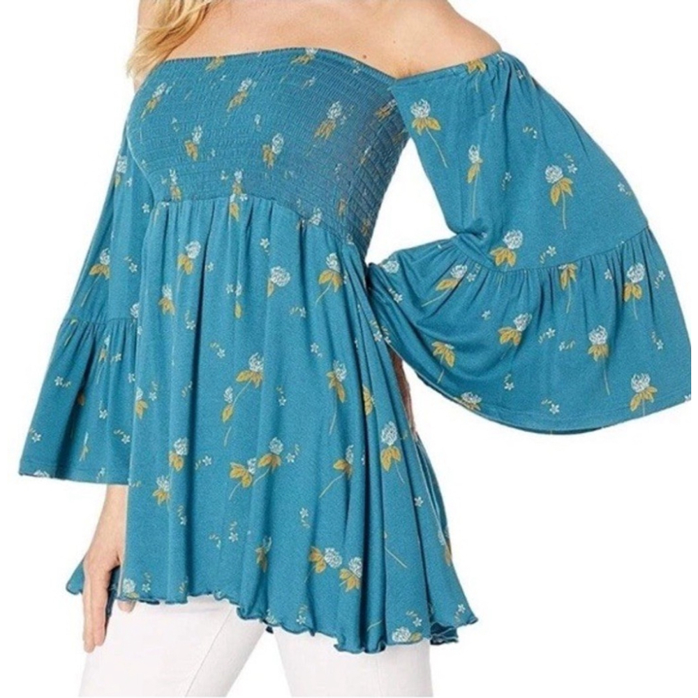 Free People Lana Tunic Top Blouse Size:S Off Shoulder Blue Floral Smocked Teal - Picture 4 of 12